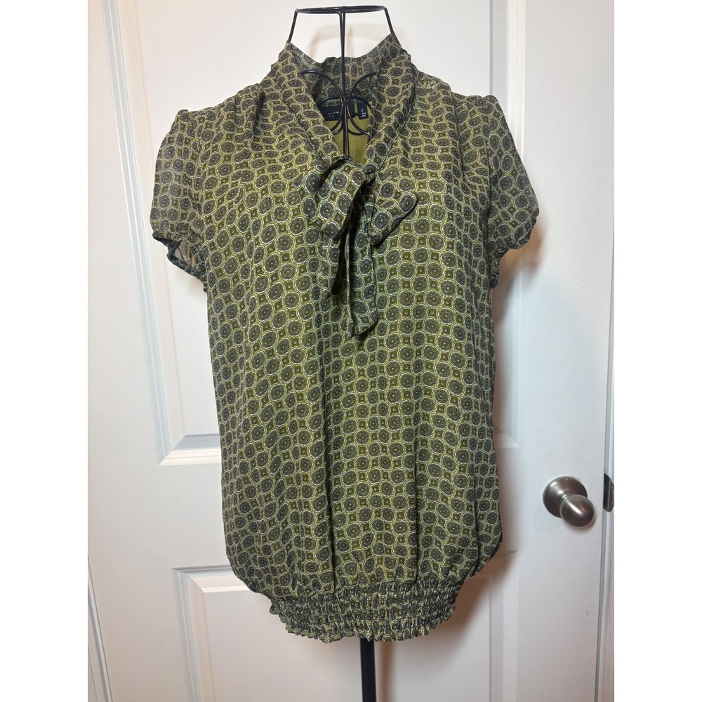 Apt. 9 Womens Green Gold Geometric Tie Neck Smocked Hem Blouse Size S